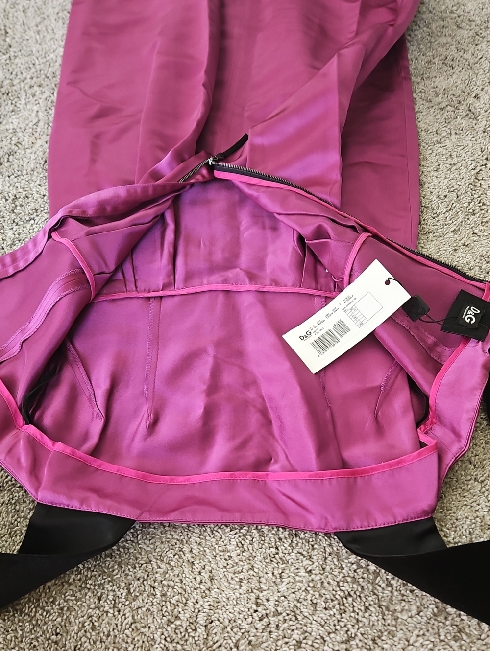 NWT Dolce & Gabbana D&G Satin Magenta Dress Black Velvet 42/M - Picture 11 of 12
